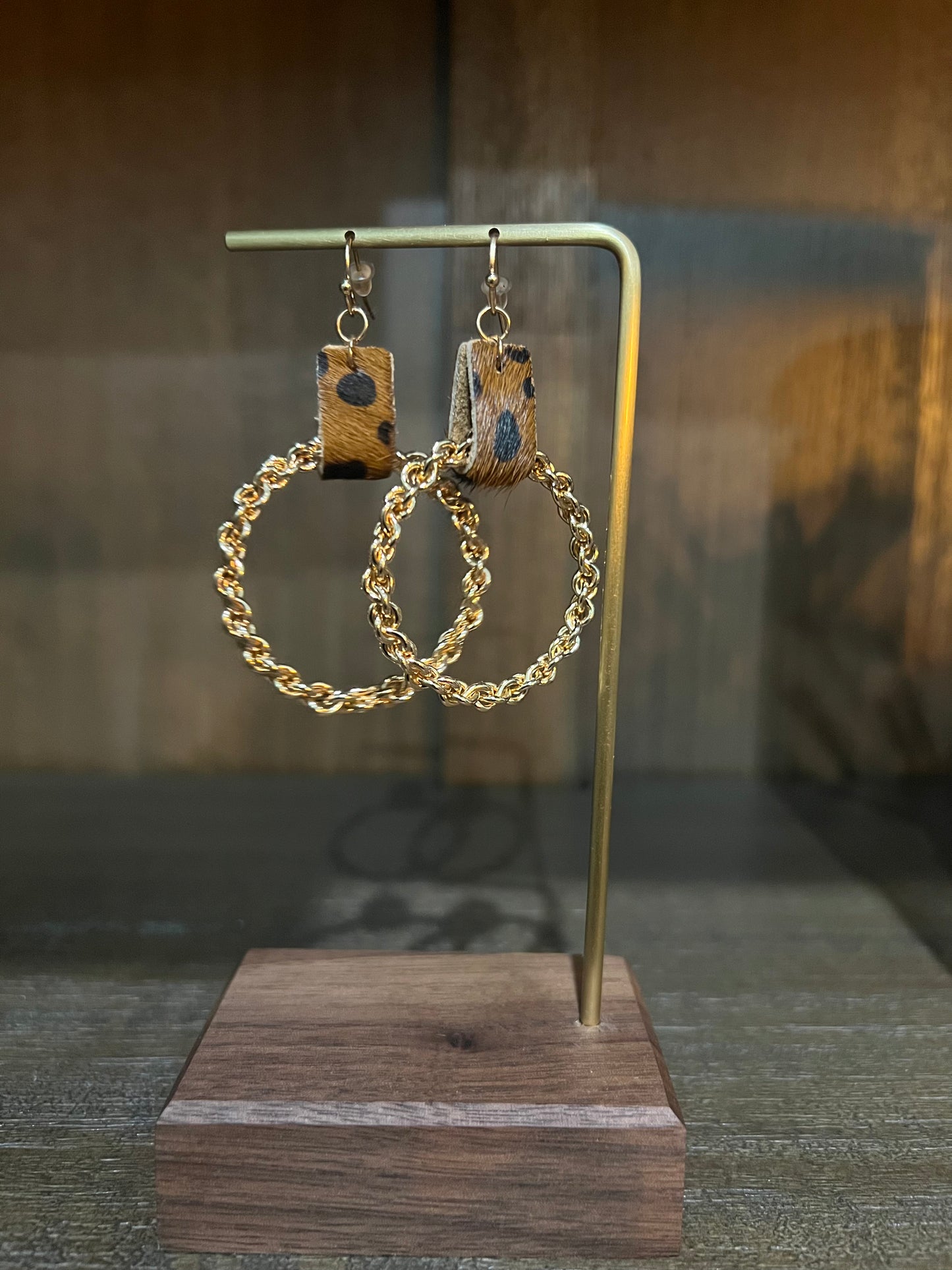 Leopard Leather and Gold Twisted Hoop Earrings